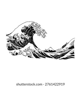 Dramatic ocean wave with mountain in background
