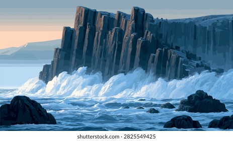 Dramatic Ocean Waves Crashing Against Towering Coastal Cliffs