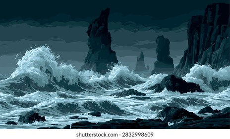 Dramatic Ocean Waves Crashing Against Dark Rocky Cliffs