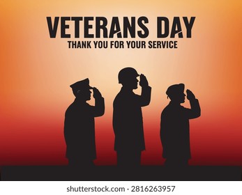 Dramatic orange sunset backdrop with saluting military officer silhouettes and Veterans Day appreciation text.