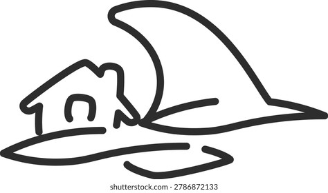 Dramatic outline icon depicting a giant tidal tsunami wave crashing over a coastal house building. Highly suitable for public marine disaster emergency warning alert systems, catastrophic flood emergency preparedness apps, and oceanographic hazard prevention infographics.