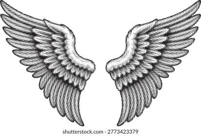 Dramatic pair of wide feathered wings crafted with precise halftone shading suitable for creative graphic design projects.