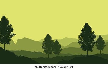 A dramatic panoramic view of the mountains in the morning with the silhouettes of cypress trees around it. Vector illustration of a city
