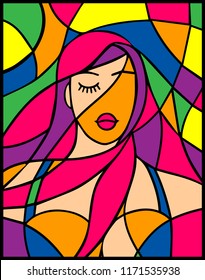 dramatic portrait attractive girl with styling violet hair in stained glass style vector