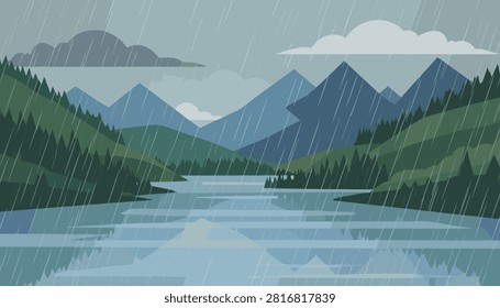 Dramatic rainy landscape showing a tranquil lake surrounded by deep green pine forests and layers of high mountain peaks.