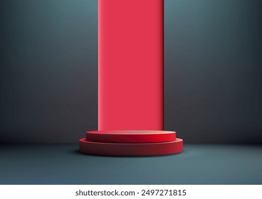 Dramatic Red 3D Podium on Dark Stage, Modern Style Product Display and Mockup for Showroom Showcase