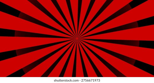 Dramatic red and black radial burst abstract background with hypnotic spiral rays from center, bold high contrast design for horror themes, rock music, gaming visuals, and powerful graphic concepts.