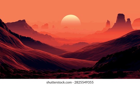 Dramatic Red Mountain Desert Landscape with Bright Sun Illustration