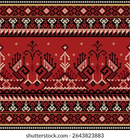 Dramatic red pixel art featuring mythological bird motifs, tribal borders, and ancient Thai-inspired geometric arrangements.