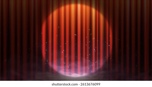 Dramatic red velvet curtain on stage with spotlight, smoke and fog effect. Elegant backdrop for theater, cinema, concert, business event or luxury presentation. Retro chic and high end atmosphere. Eps