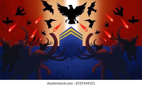 Una dramática escena de aves de Ababil que se elevan y lanzan piedras ardientes a los elefantes asustados abajo, mientras la distante Kaaba se encuentra iluminada y protegida