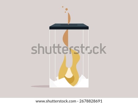 In a dramatic scene, a ballot box catches fire, symbolizing growing frustration among citizens during an intense political climate, This act of defiance speaks volumes about the urgency for change