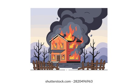 Dramatic scene of a double-story house engulfed in huge orange flames and thick black smoke behind a broken fence.