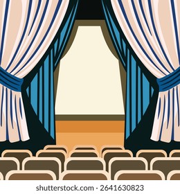 Dramatic shot of blue and white show curtains parting to expose a spacious theater with rows of seats facing the stage, perfect for performance, event, or entertainment-related projects.