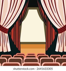 Dramatic shot of red and white show curtains parting to expose a spacious theater with rows of seats facing the stage, perfect for performance, event, or entertainment-related projects.
