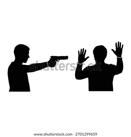 Dramatic silhouette depicts a tense confrontation, one man brandishing a weapon while another raises hands in surrender, symbolizing threat and fear.
