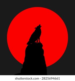Dramatic silhouette of a howling wolf against a large red moon, creating a mysterious eclipsed scene perfect for Halloween, fantasy, wildlife, posters, logos, and atmospheric designs.