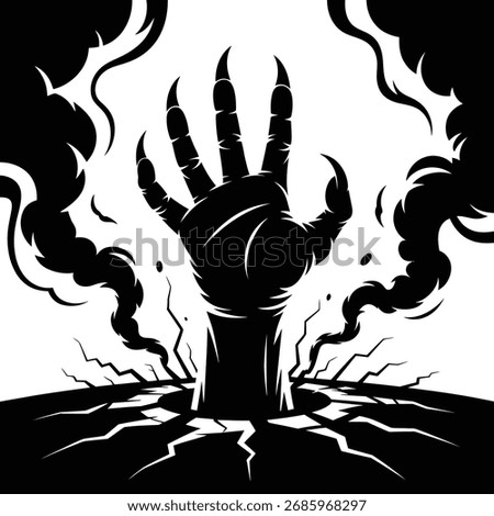 Dramatic Silhouette of a Monster Hand Emerging from Cracked Ground Surrounded by Dark Smoke Unleashing Terror