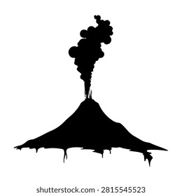 Dramatic silhouette of a volcano erupting with smoke and lava flowing down its sides, set against a stark white background.