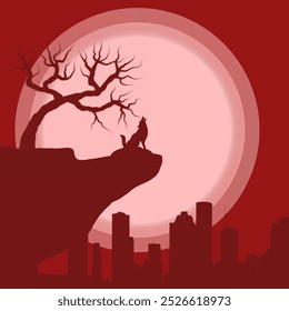 A dramatic silhouette of a wolf howling under a full moon, overlooking a city skyline. The scene conveys mystery and wilderness against an urban background with a solitary tree in the foreground.