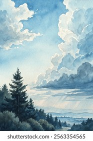 Dramatic sky filled with clouds over a lush forest, illustrating the beauty of nature in watercolor.