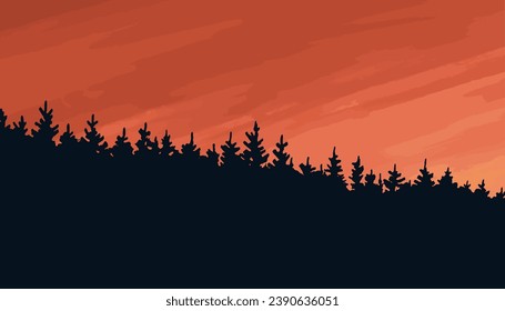 A dramatic sky with the glow of the sun. Coniferous forest silhouette on a red background. Beautiful fantastic landscape. Vector art illustration