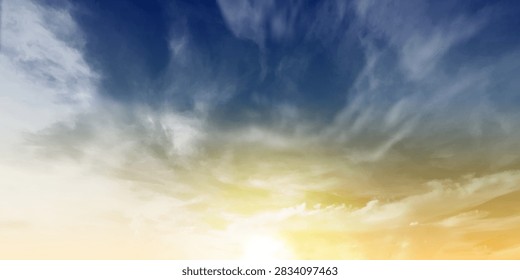 Dramatic sky at sunset with deep blue clouds fading into a bright yellow sun glow. Blue sky or natural background