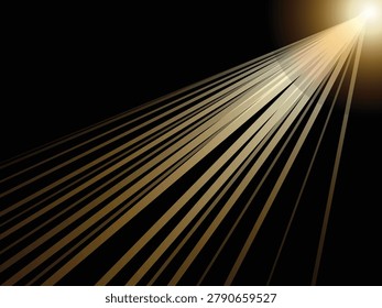 Dramatic spotlight illumination with bright golden rays and light streaks crossing dark empty space for cinematic effect.