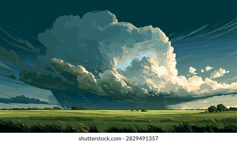 Dramatic Storm Clouds Unleash Rain Over Green Landscape