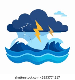 Dramatic storm scene featuring dark clouds, lightning strikes, and turbulent ocean waves illustrating severe weather conditions at sea.