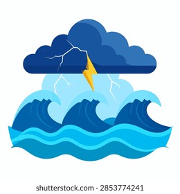 Dramatic storm scene featuring dark clouds, lightning, and turbulent ocean waves creating a powerful natural display.