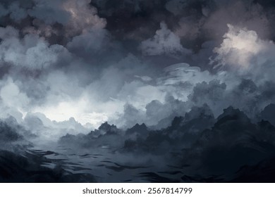 Dramatic stormy clouds, dark moody atmosphere, turbulent ocean waves, digital painting style, nature landscape.