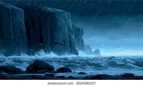 Dramatic Stormy Ocean Scene with Crashing Waves and Cliffs