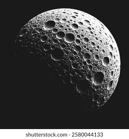 Dramatic stylized moon or dwarf planet with high contrast rugged cratered surface in stippling style. Grunge black and white retro styled dotwork. Pointillism. Noisy dot shading. Vector illustration