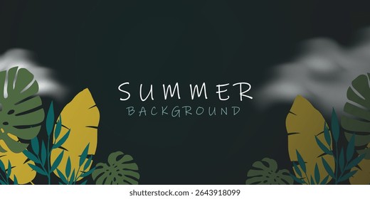 Dramatic Summer Night Background with Tropical Foliage and Misty Clouds