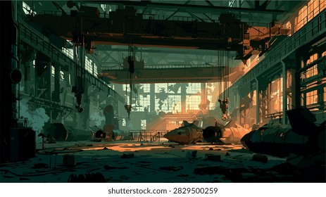 Dramatic Sunlight in Derelict Industrial Hangar with Machinery