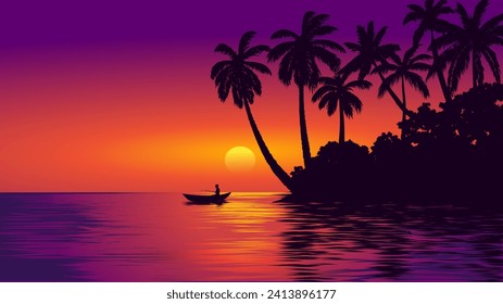 Dramatic sunset landscape at beach with fisherman on boat and coconut trees