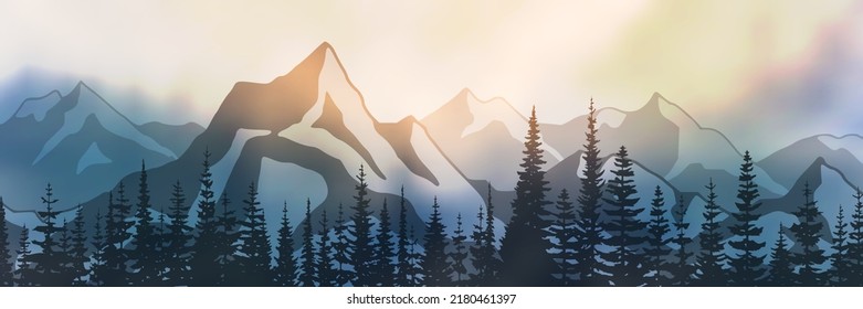 Dramatic sunset in the mountains, panoramic view, vector illustration
