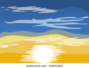 dramatic sunset on the blue cloudy sky background, vector illustration