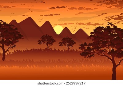 Dramatic sunset on forest. Nature wildlife concept with orange sky. Beautiful sunset vector illustration. 