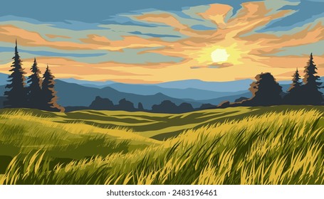 Dramatic sunset over grass field with mountains and forest