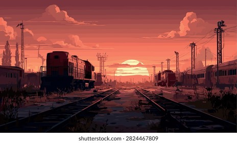 Dramatic Sunset Over Industrial Railway Landscape Vector Art