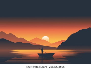 Dramatic sunset over the lake with fisherman on boat