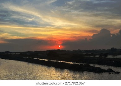 Espectacular puesta de sol sobre la península de Mani con vibrantes cielos anaranjados y púrpuras, que destacan los pueblos costeros, las escarpadas colinas y el brillante mar a lo largo de la costa griega.