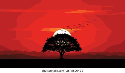 Pôr do sol dramático sobre savana com árvore silhuetada e pássaros voadores
