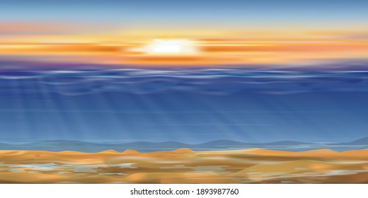 Dramatic sunset sky line with Under water in deep blue on the island,Ocean with sun rays shining on wave, Abstract marine design template for summer with blue ocean,under the sea background