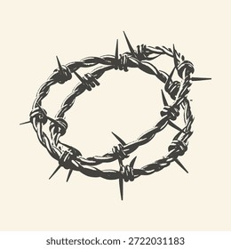 Una Imagen dramática y simbólica que representa una corona de espinas elaborada con alambre de púas, representada en un marcado estilo blanco y negro.