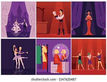 Dramatic theater actors, singers and ballet dancers on stage and preparing to performance, set of flat vector illustrations. People cartoon characters in scene costumes.