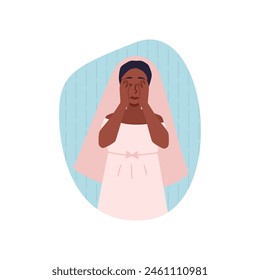 Dramatic theater actress in role. Vector illustration of an emotional actress on stage, hands covering her face, portraying a moment of surprise or sorrow in a play.
