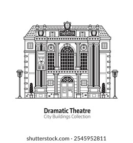 Edifício de teatro dramático isolado sobre fundo branco. Ilustração de teatro musical em design de arte em linha. A cultura da cidade e o marco do entretenimento com a fachada do monumento histórico.